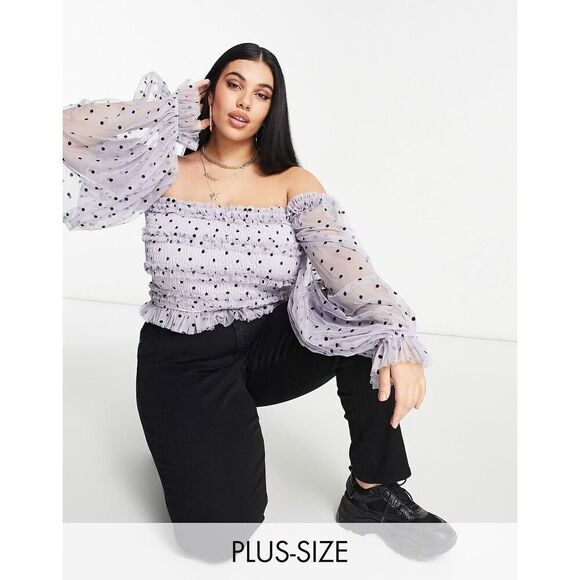 ASOS Lace & Beads Bardot Ruffle Top Tulle Balloon Sleeve Polka Dot Lilac US 12 - Picture 1 of 8